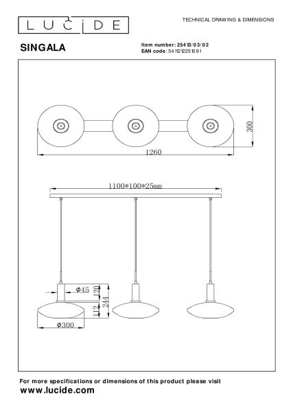 Lucide SINGALA - Hanglamp - 3xE27 - Mat Goud / Messing - technisch